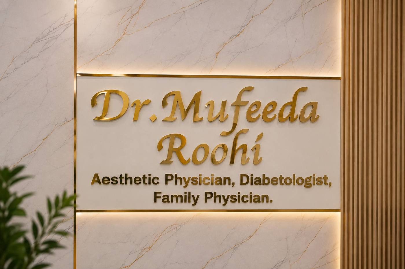 Dr. Mufeeda Roohi consultation room nameplate at Zafoor Clinic